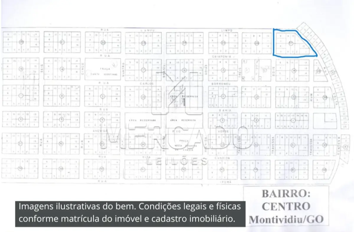 LOTE 001 - Terreno constante dos lotes 01 a 12, da quadra 27, com área total de 6.444m², sendo 18m para a Travessa Um, 110m para a Rua Caiapônia, 70m para a Travessa Dois, 62m para a Rua Volta Redonda ou atuais confrontantes. Inscrito sob a matrícula nº 3.202 do CRI de Montividiu/GO