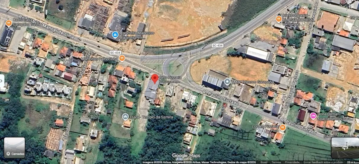LOTE 001 - Um terreno com área de 1.090,12m² e suas benfeitorias, sendo uma construção de alvenaria com área de 409,27m², onde atualmente funciona a empresa "Beto Pizzaria", localizado na Rodovia SC-434. Inscrito sob o cadastro imobiliário 06.07.046.0050.001 da Prefeitura de Garopaba/SC